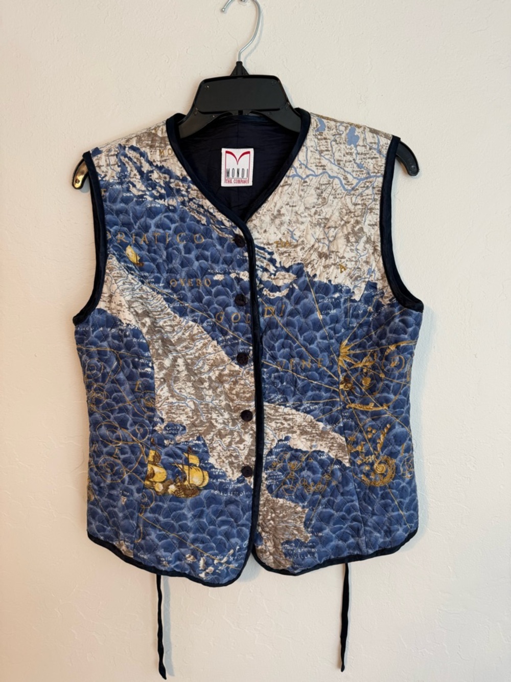 Vintage Mondi Sea Wave Quilted Vest in Navy & Cream with Gold Accents